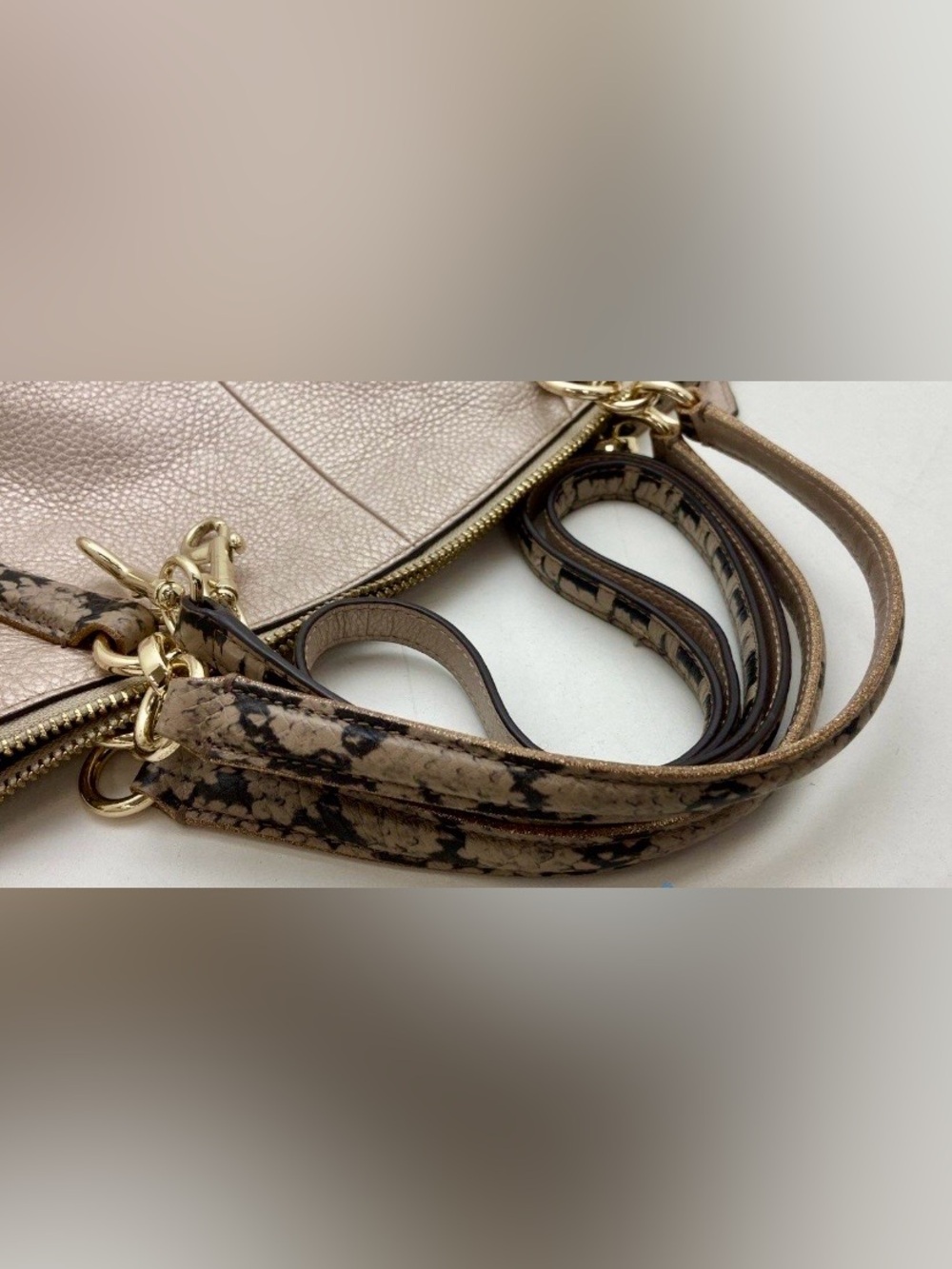 Coach Kelsey Satchel  Metallic Platinum/Gold Leather Bag with Reptile Trim - Picture 10 of 14
